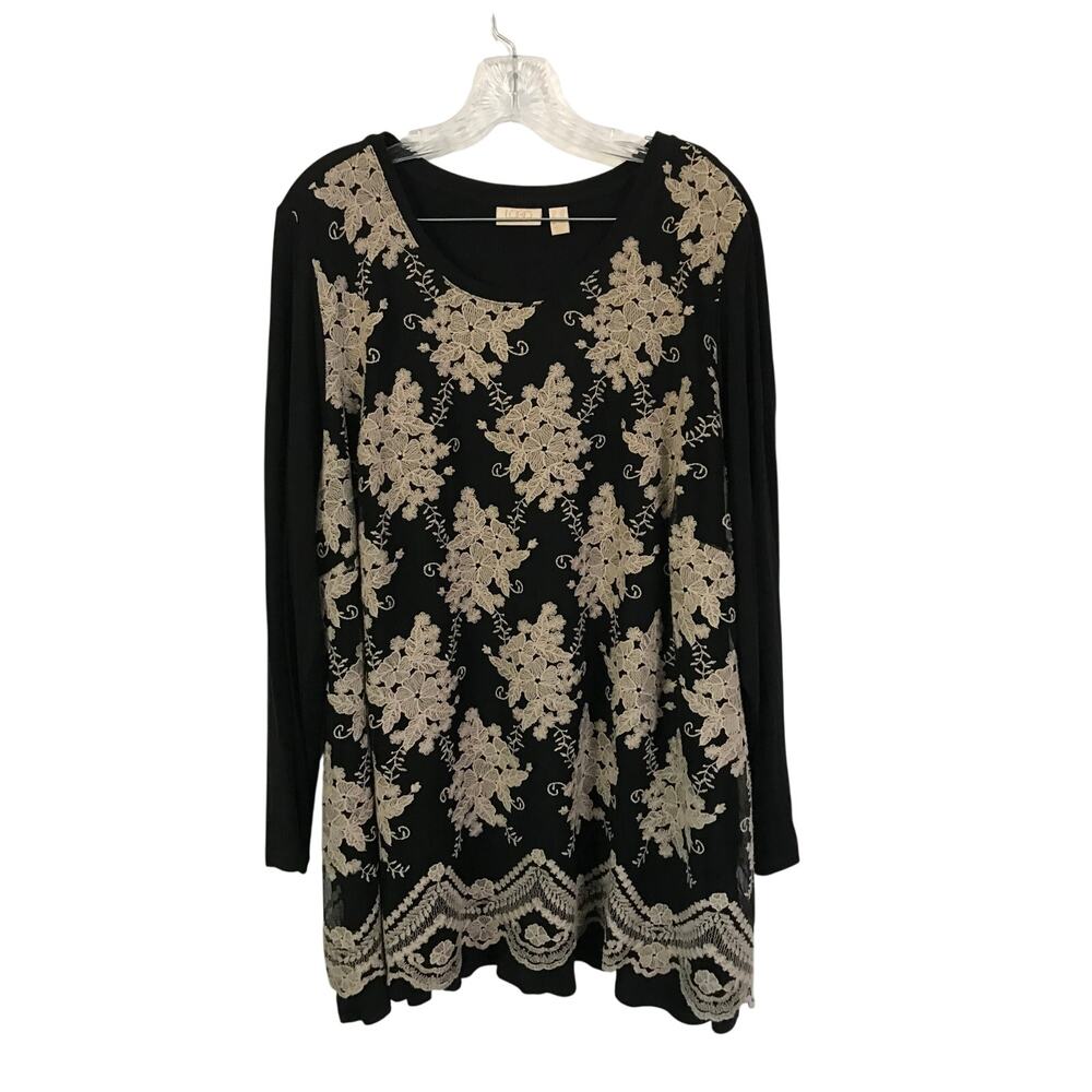 LOGO Lavish by Lori Goldstein Top 2XL Womens Black Embroidered Lace Hem Knit Top